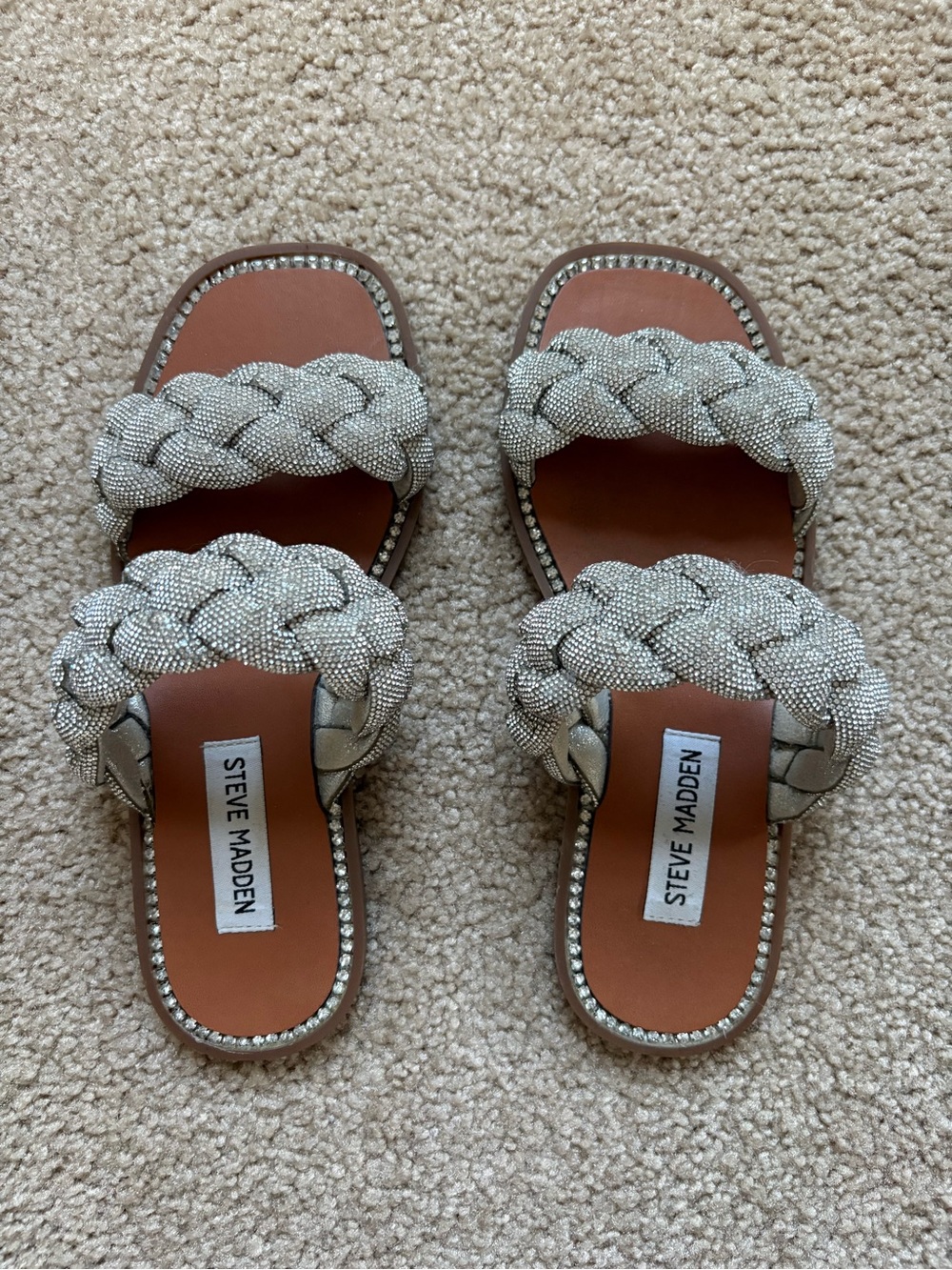 Steve Madden Braided Crystal-Embellished Silver Slide Sandals
